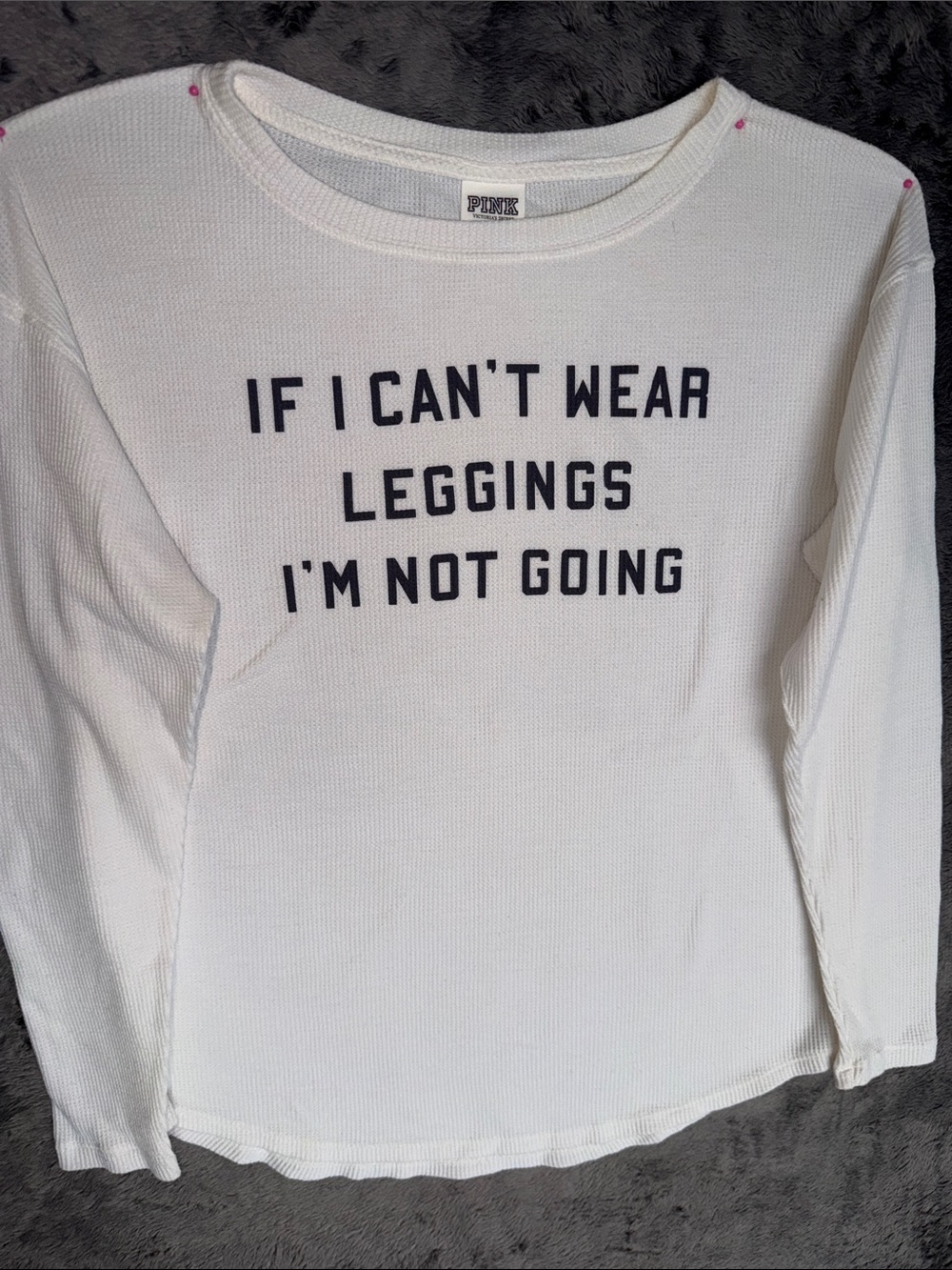 PINK Victoria's Secret White Waffle Long-Sleeve Tee with Navy Slogan
